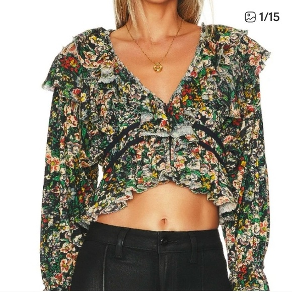 Free People Rudi Ruffle Blouse Top in Night Garden Large Floral Multicolour Crop - Picture 1 of 14